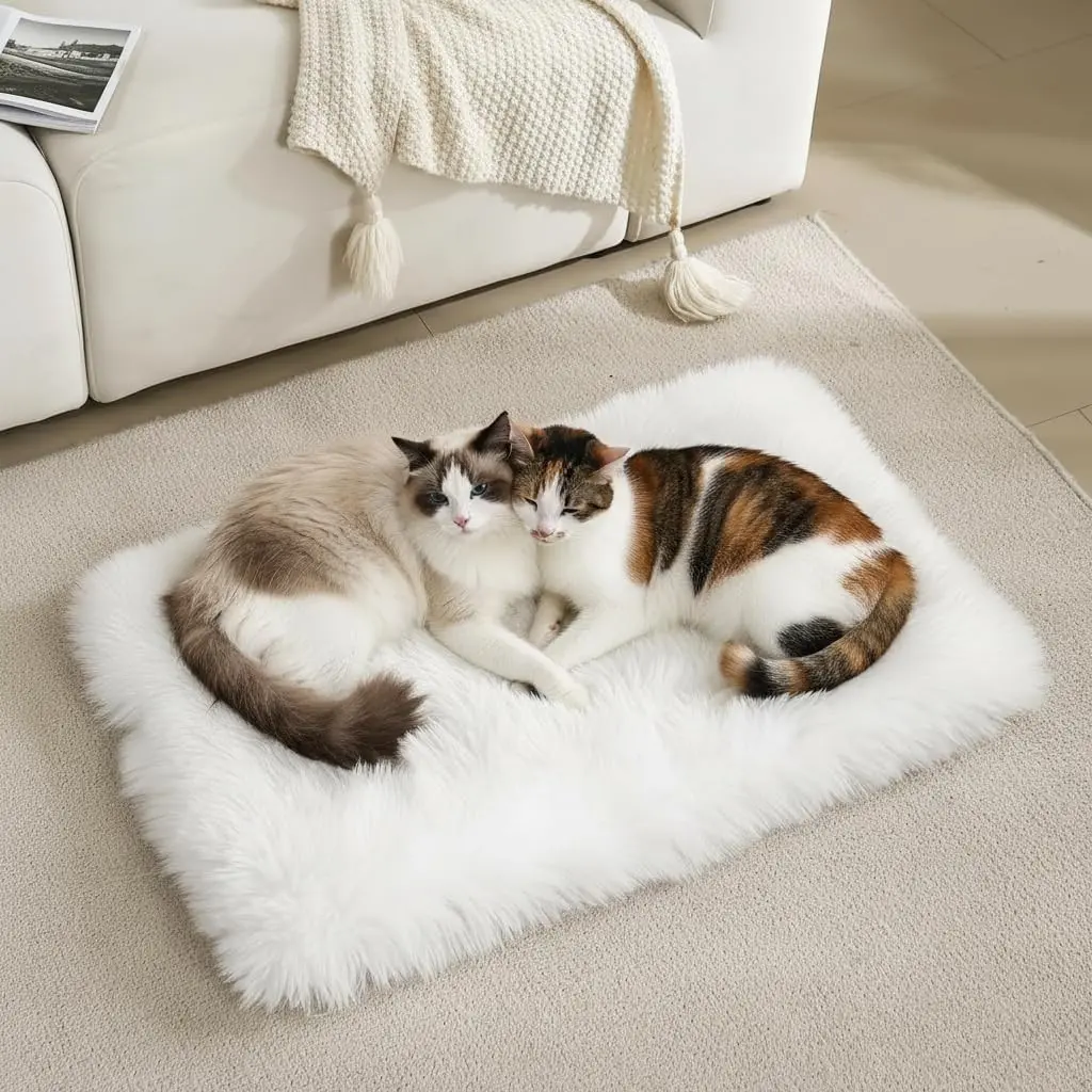 Washable Soft Plush Fluffy Faux Fur Dog Cat Bed Mat 19.6x31.4 Inch - Fluffy Puppy Sleep Pad Blanket Cushion for Indoor Pet, White
