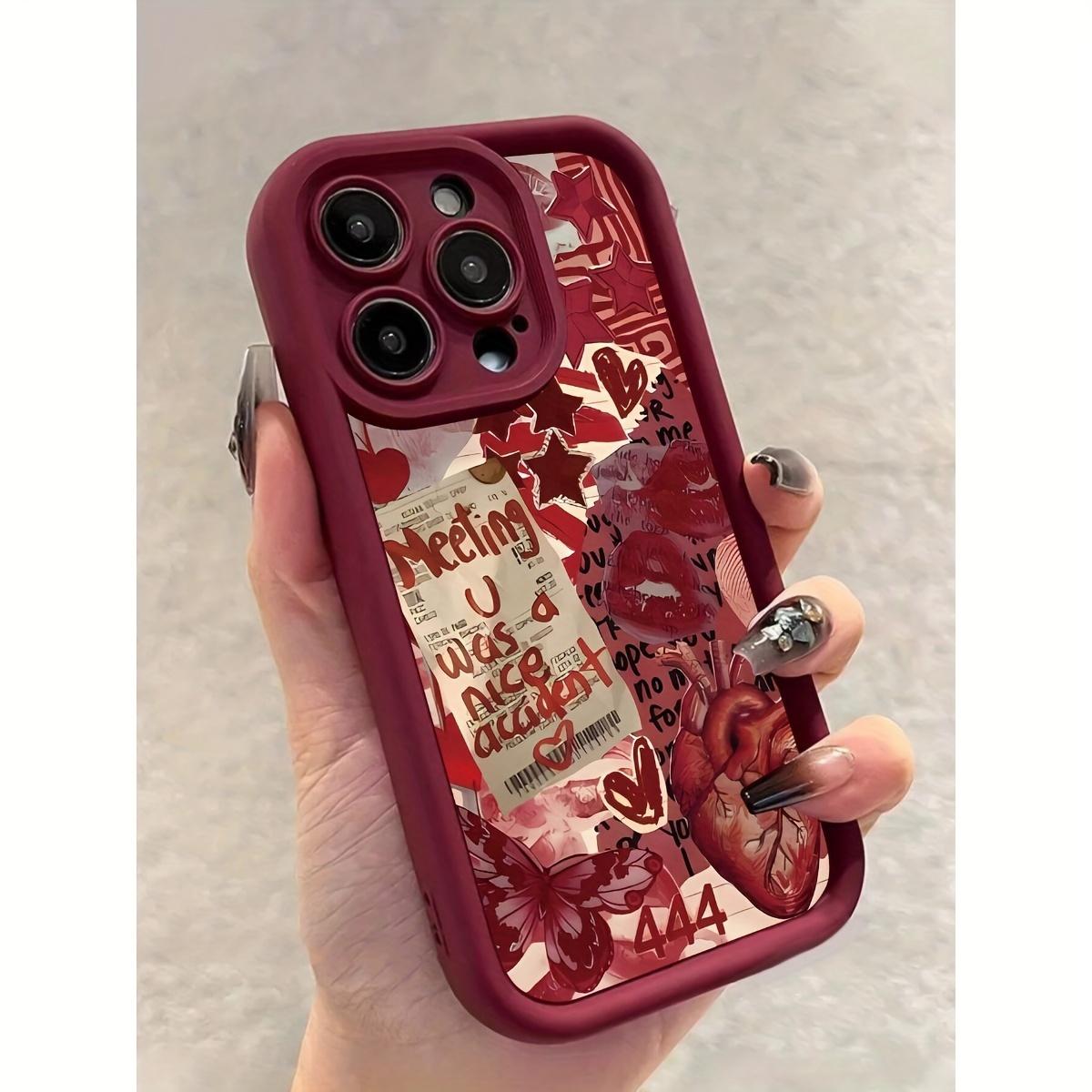Phone case: Wine Red Base with Romantic Collage Elements Trendy Romantic Style Phone Case Compatible with iPhone 17 E Air Pro ProMax iPhone16 15 14 Plus 13 12 Mini 11 X XS XR