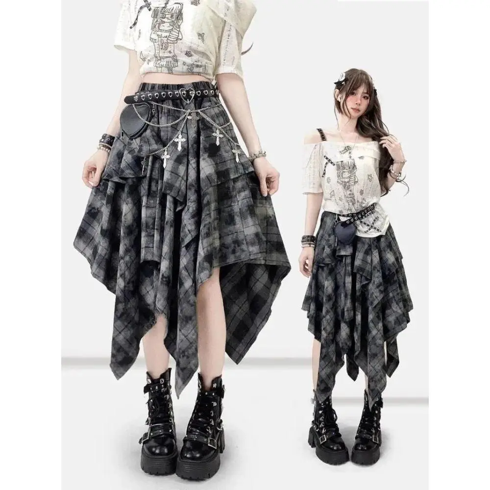 Y2k Vintage Gothic Skirts Women High Waist Tie Dye Plaid Skirt Irregular Ruffled Knee-Length Skirt Summer Subcuture Sexy Skirts