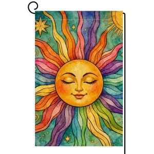 Boho Sun Garden Flag, Celestial Garden Banner, Colorful Sun Face Flag, Bohemian Outdoor Decor, Watercolor Sun Yard Flag