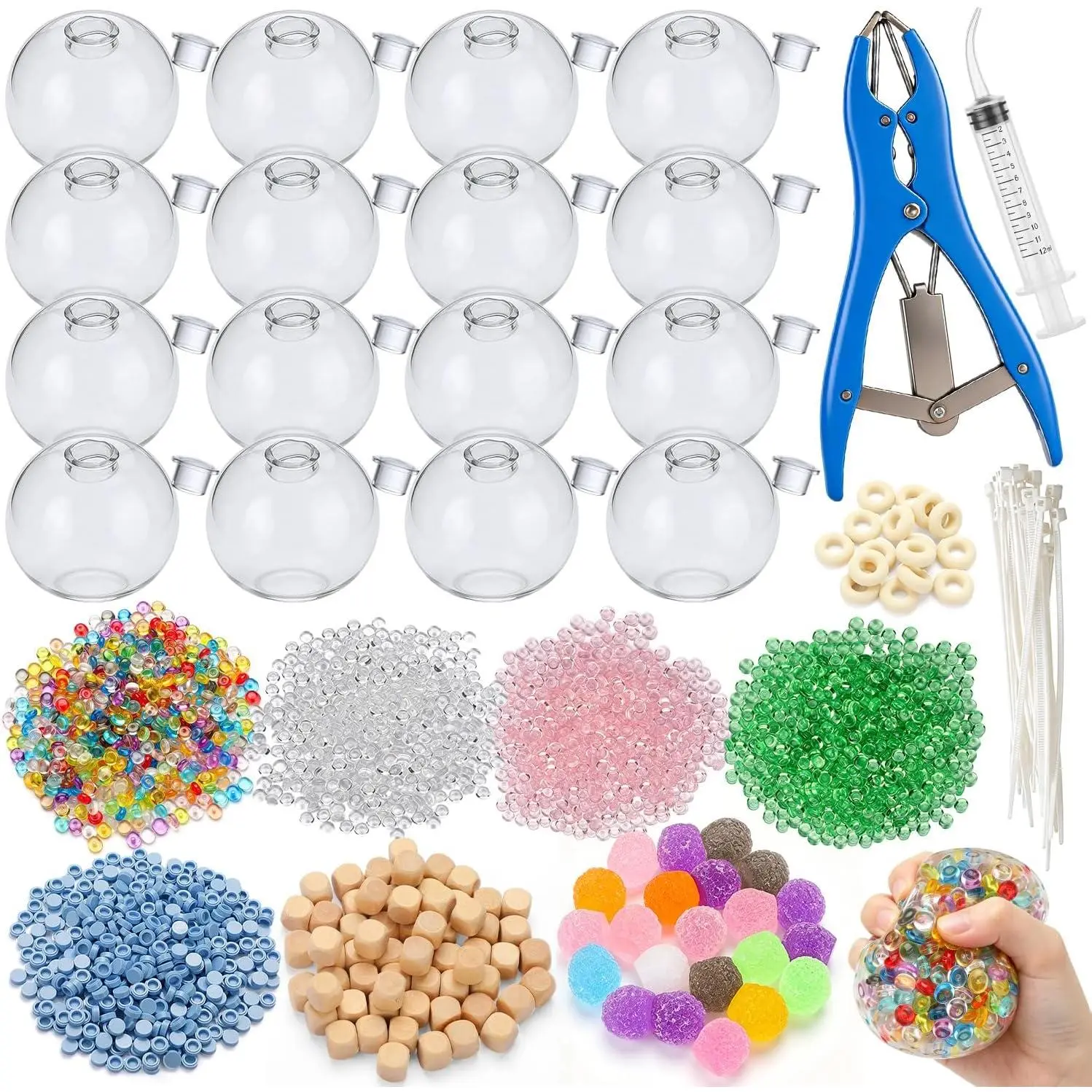 43 Pcs DIY Stress Ball Making Kit with Filler | 16 Transparent TPR Skins, 10.56 oz Fillers, Air Pump, Expander Tool, Cable Tie, Create Anxiety Relief Toys
