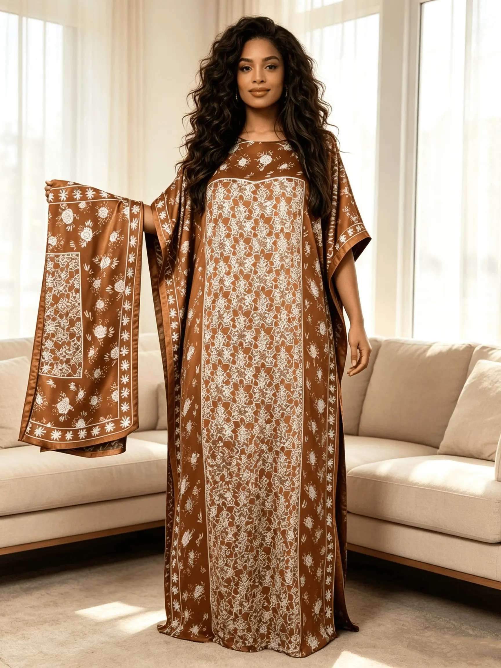 Plus Size Chocolate Brown White Floral Border Print Satin Long Kaftan Dress With Matching Headscarf, Silky Oversized Batwing Sleeve Maxi Abaya, Modest Boho Resort Loungewear Robe Vacation Outfit For Curvy Dark Skin Women