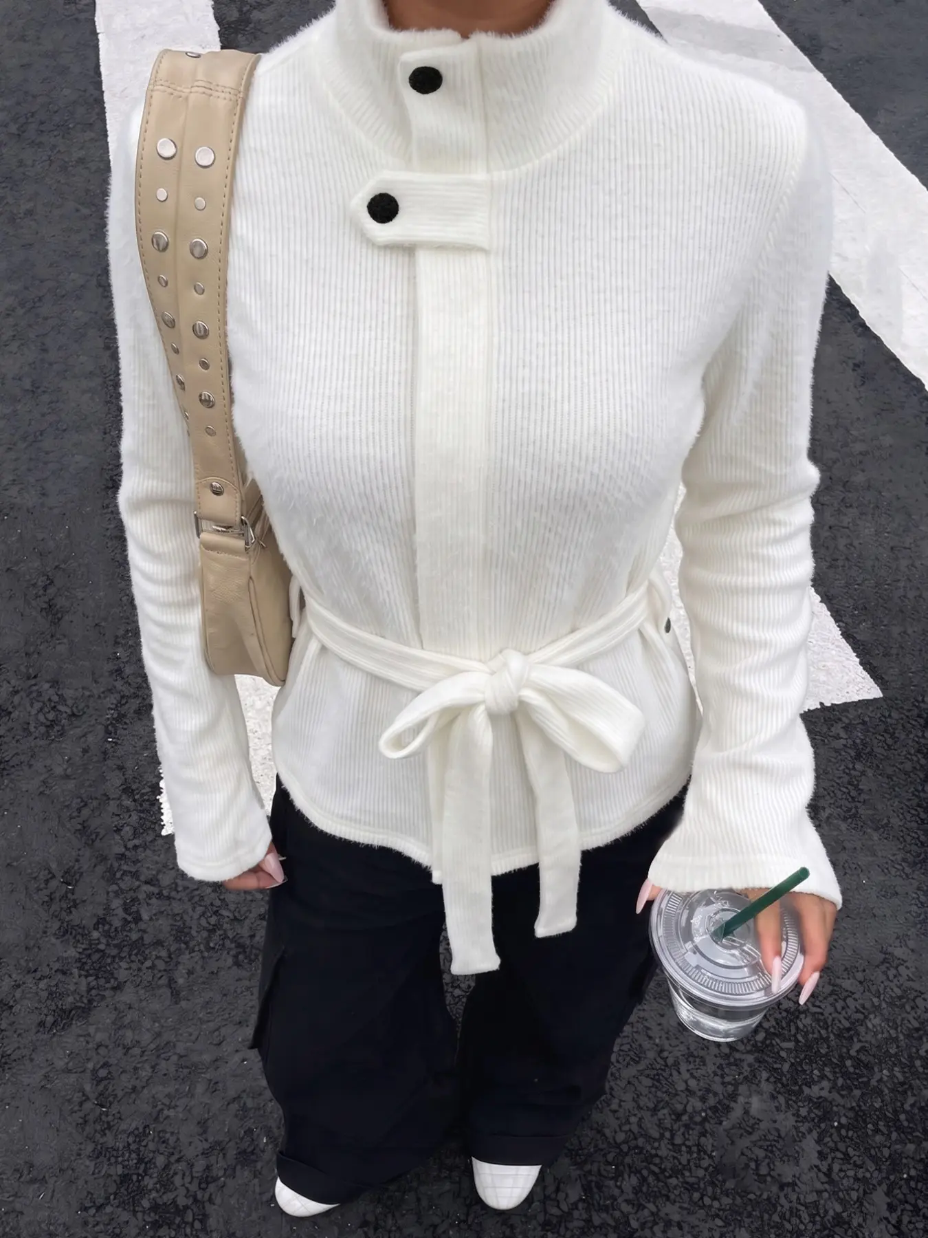 Women's Ribbed Knit Long Sleeve Slim-Fit Turtleneck High Neck Top with Button Detail (Includes Matching Tie-Belt) Knitwear