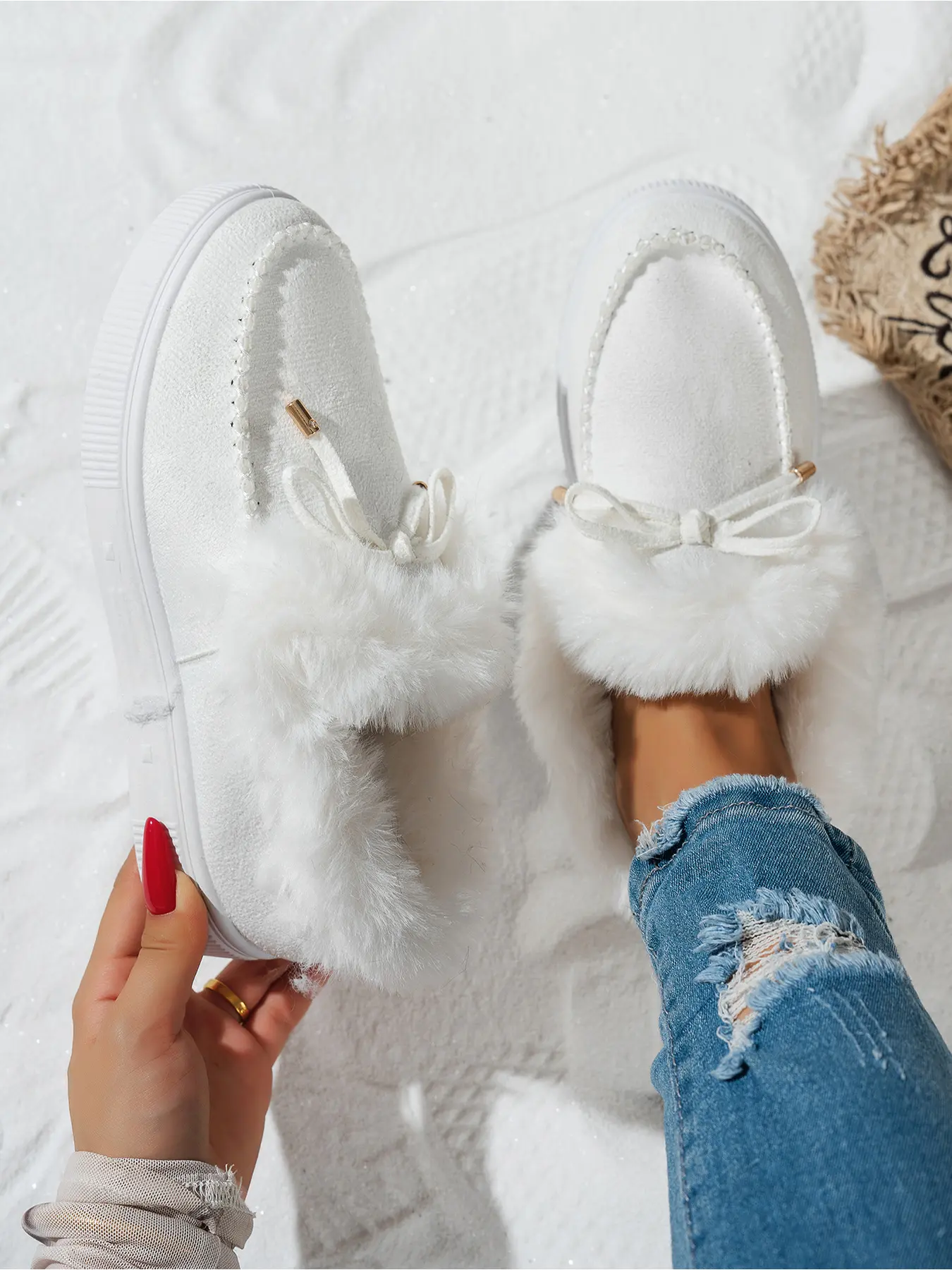 Ladies Winter Warm Ankle Slipper Boots Soft Faux Suede Fluffy Fur Trim Bow Decor Slip On Non-Slip Sole Casual Daily House Shoes