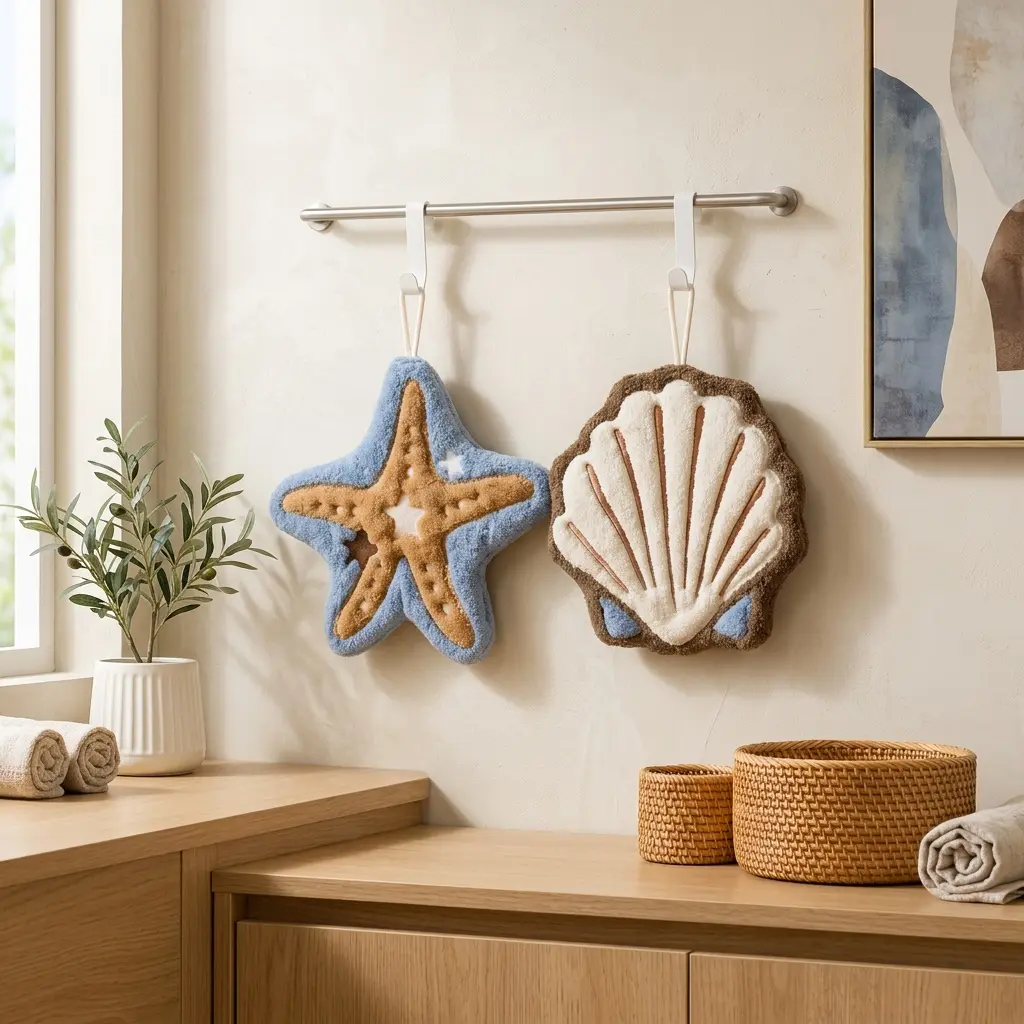 2Pcs Starfish & Seashell Wall Hanging Hand Towels, Thick Coral Fleece Absorbent Plush Towel with Hanging Loops, Decorative Towels for Bathroom & Kitchen