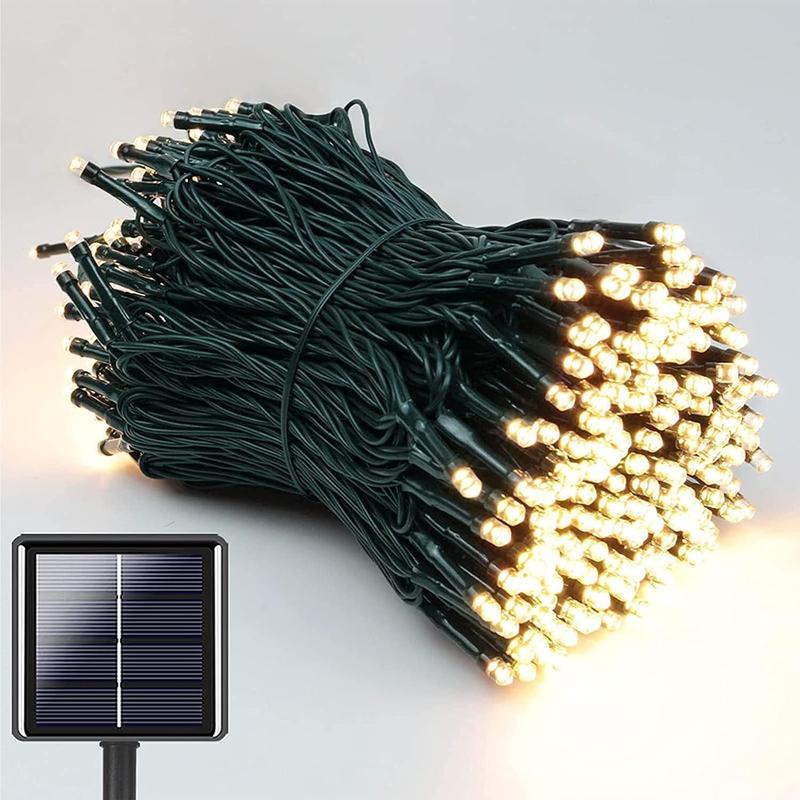 Solar-powered decorative string lights: The warm light version contains 200 LEDs, while the white light version contains 300 LEDs. They support 8 different flashing effects, making them perfect for decorating Christmas scenes, as well as for embellishing