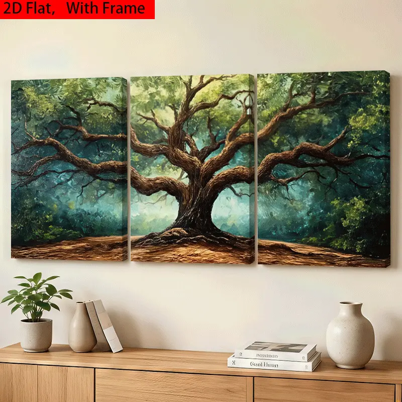 2D FlAT Printing 3Pcs Framed Wall Decor Vintage Oak Tree Canvas Art, Rural Forest Landscape Mural, Nature Aesthetic Wall Hanging For Living Room Bedroom Office Home, Birthday Housewarming Gifts, Christmas Thanksgiving Mother's Day Holiday Presents