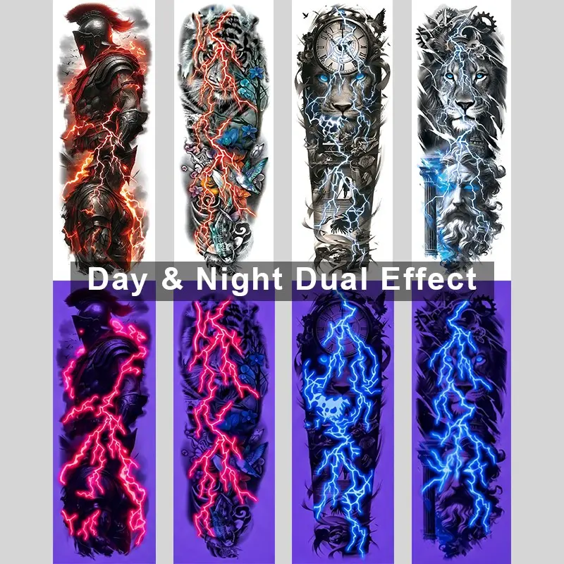 4 Pack Glow-In-The-Dark Temporary Tattoos, Ephemeral Tattoos, Full Arm Sleeve Tattoo Patches, UV Light Emitting, Neon Colors, Waterproof Body Art Decorations