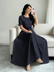 Elegant Chic Summer Dress, Polka Dot Print, Women's Fashion Round Neck Short Bubble Sleeve Skirt, Adjustable Waist Dress, Waist Belt Design, Long Dress