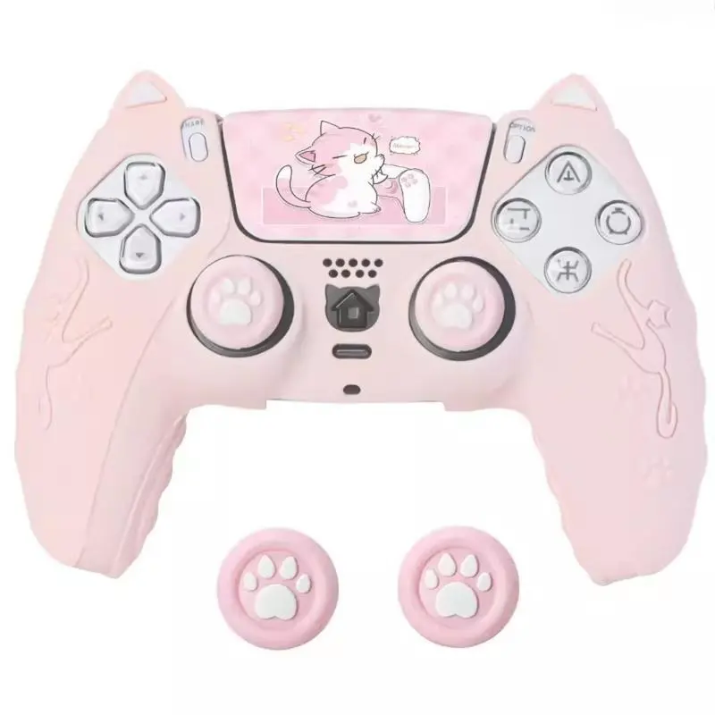 Kawaii Kitten Print Silicone Controller Skin, Anti-Slip Soft Grip Protective Cover, Comes with Matching Cat Paw Thumb Grips, Ergonomic Secure Hold, Reduces Hand Fatigue, Cute Girly Gaming Accessory, Great for Long Game Sessions, Casual Indoor Gaming & Str