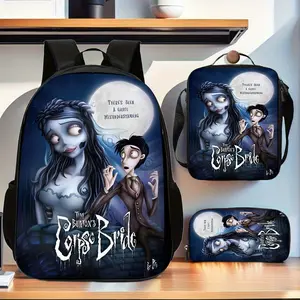 Zombie Bride Emily Moonlight Dark Purple Three-Piece School Bag Set, including a backpack, insulated lunch bag, and pencil case, suitable for teenagers' daily school use