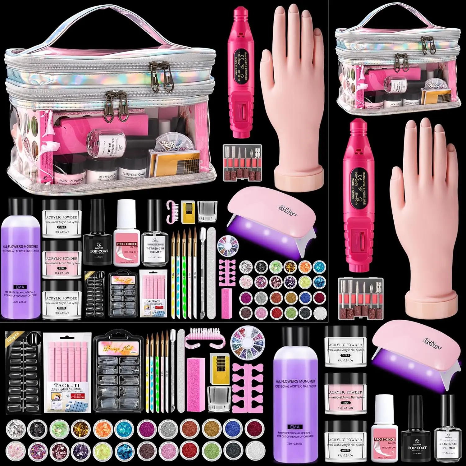 Beginner Complete Nail Set with Storage Bag, Practice Nail Hand, Silver Accessories |   All-in-One Home DIY Nail Starter Kit Includes Nail Drill, Nail Lamp, Acrylic Powder, Liquid monomer, 24 Glitter Sequins, 200 Nail Tips for Home Manicure