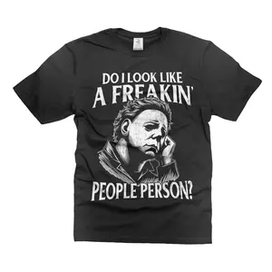 Vintage Distressed Michael Myers Do I Look Like A Freakin People Person Funny Slogan Horror Movie Character Graphic Crew Neck Short Sleeve Knit Pullover Regular Fit Casual All Season Mens Halloween Scary Film Fan Tee Tops