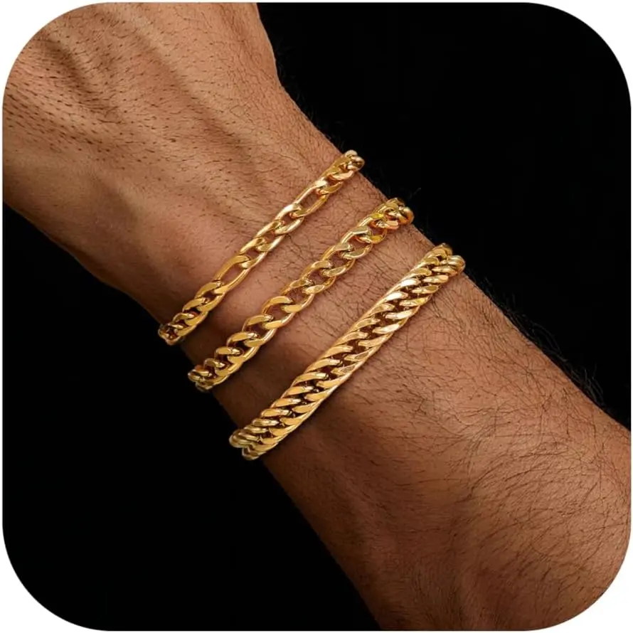 3 count Stainless Steel Chain Bracelets for Men Women  Cuban Figaro Link Chain Bracelet Men's Curb Chain Bracelets Twisted Wrist Bracelets 7/7.5/8.3/9 Inches