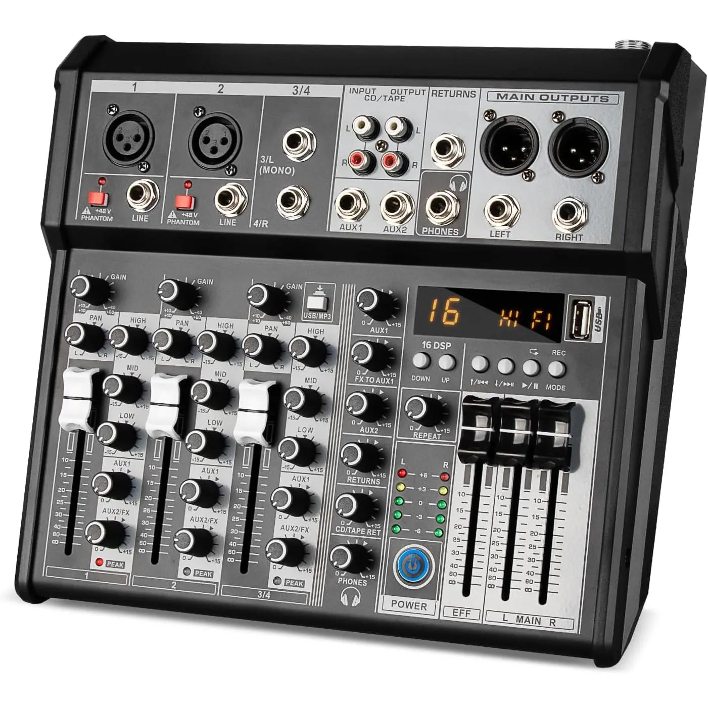 Professional Audio Mixer, 4  Audio Interface Sound Board Mixing Console System, 16-Bit DSP DJ  Mixer +48V Phantom Effect For Karaoke Studio Streaming Recording (XT4)