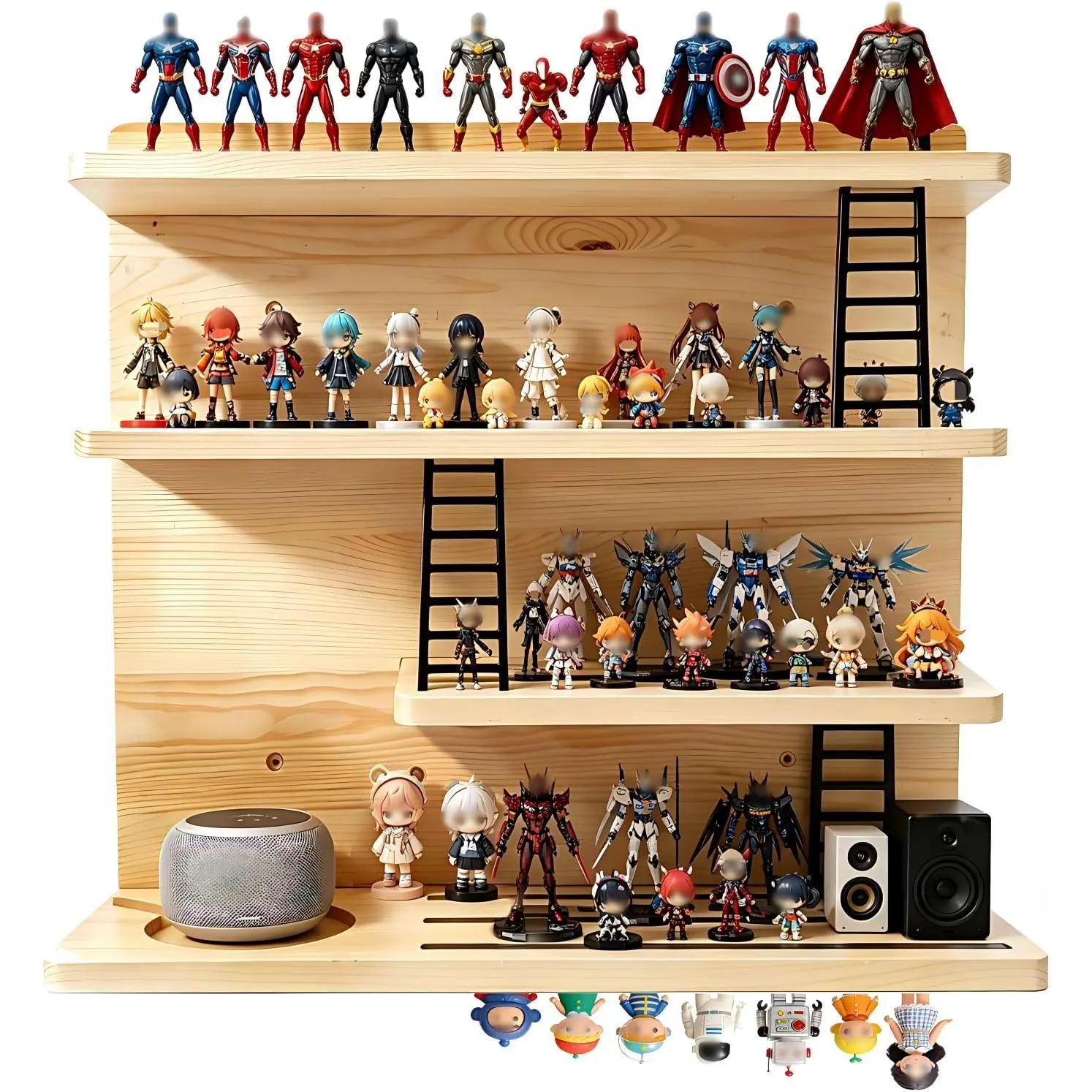 Magnetic Tonies Wall Mount Shelf, 4-Tier Pinewood Floating Shelves with Easy Installation, Holds 50+ Characters, Dedicated Tonebox Charging Spot, Kids Room Figure Organizer - Black, Decor