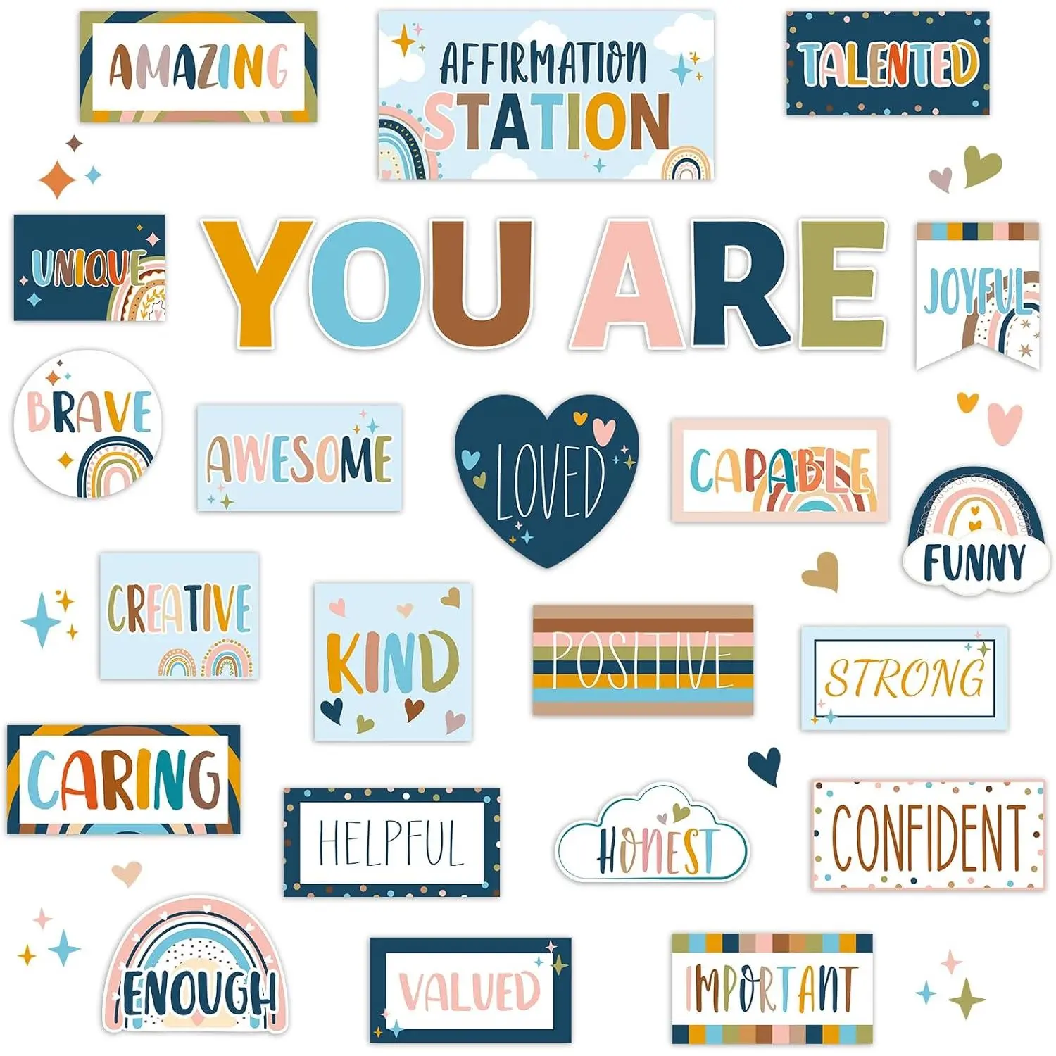 Boho Affirmation Station Bulletin Board Set Rainbow Bulletin Board for Classroom Decor Hippie Motivational Posters Positive Affirmations Accents Cutouts for Teachers School Chart Wall Supplies