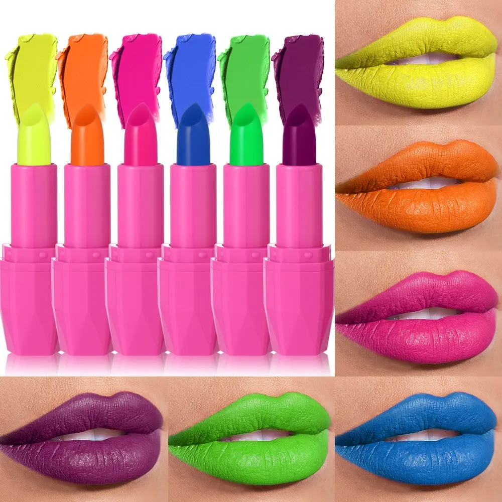 6Pcs Velvety Matte Beauty Lipstick Set, 6 Shades(Berry,Fluorescent Green,Blue,Orange,Grape Purple,Rose Red),High Pigment Waterproof Smudge Proof Long Lasting Lip Makeup,Ideal Halloween Gift For Women