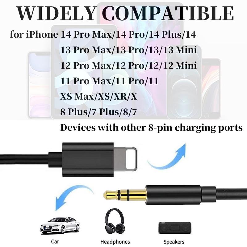 Phone Aux Cable, Charging Port To 3.5mm Aux Headphone Jack Adapter, Stereo Sound Cable Compatible with iPhone 14 Pro Max/13/12 Mini/11 Pro/XR/XS Max/8/7Plus/SE/iPad/iPod, Gaming Headset Accessories