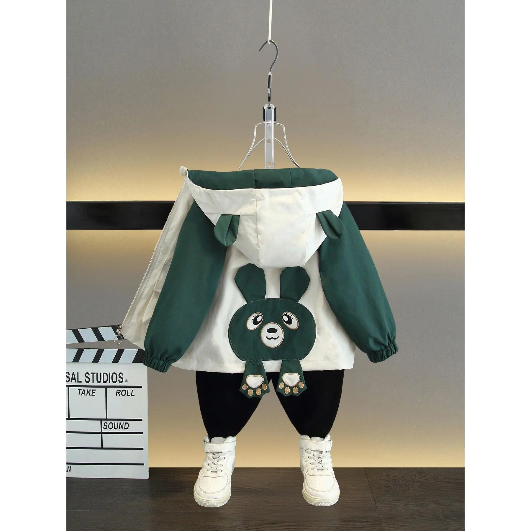 Boy's Cartoon Bear Ear Design Hooded Trench Coat, Cute Casual Long Sleeve Zip Up Outerwear for Daily Wear, Kids Clothing for All Seasons-DY