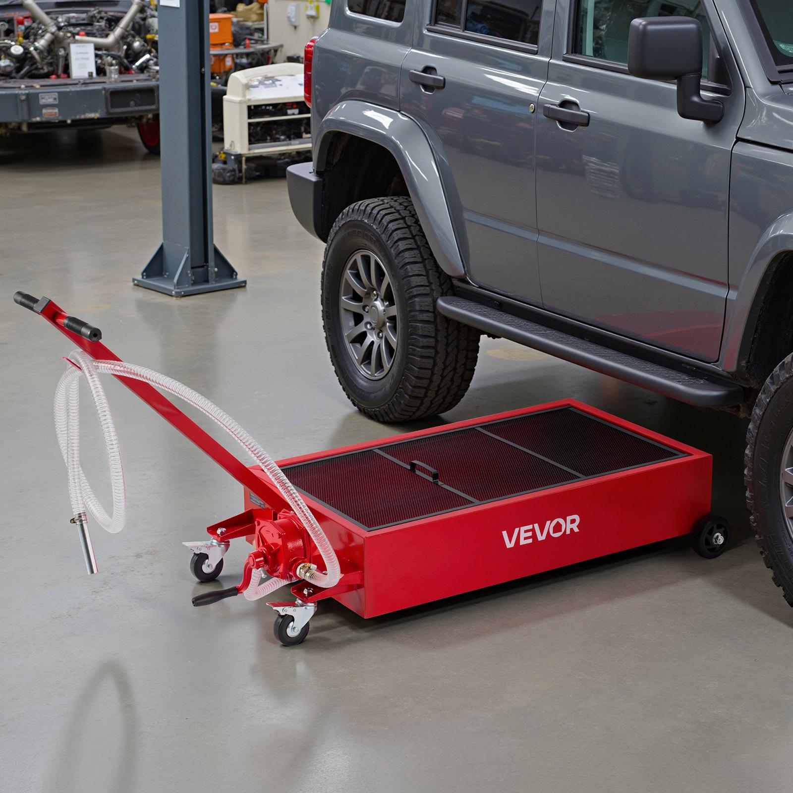 VEVOR Low Profile Oil Drain Pan, 20 Gallon Capacity, Rolling Oil Drain Pan with Manual Pump, 7.2 ft Hose & T Folding Handle, Leak-proof & Corrosion-resistant, Fit for Cars, SUVs, Trucks, ATVs, Red VEVOR Low Profile Oil Drain Pan, 20 Gallon Capacity, Rolling Oil Drain Pan with Manual Pump, 7.2 ft Hose & T Folding Handle, Leak-proof & Corrosion-resistant, Fit for Cars, SUVs, Trucks, ATVs, Red