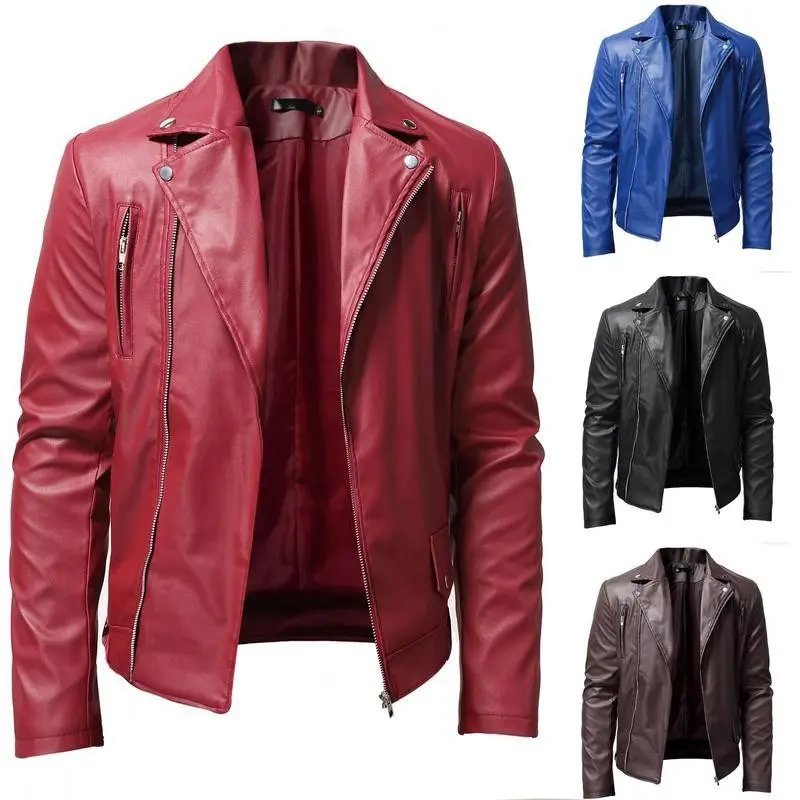Men's PU Leather Jacket for Teenagers, Stand Collar Punk Style Motorcycle Leather Jacket