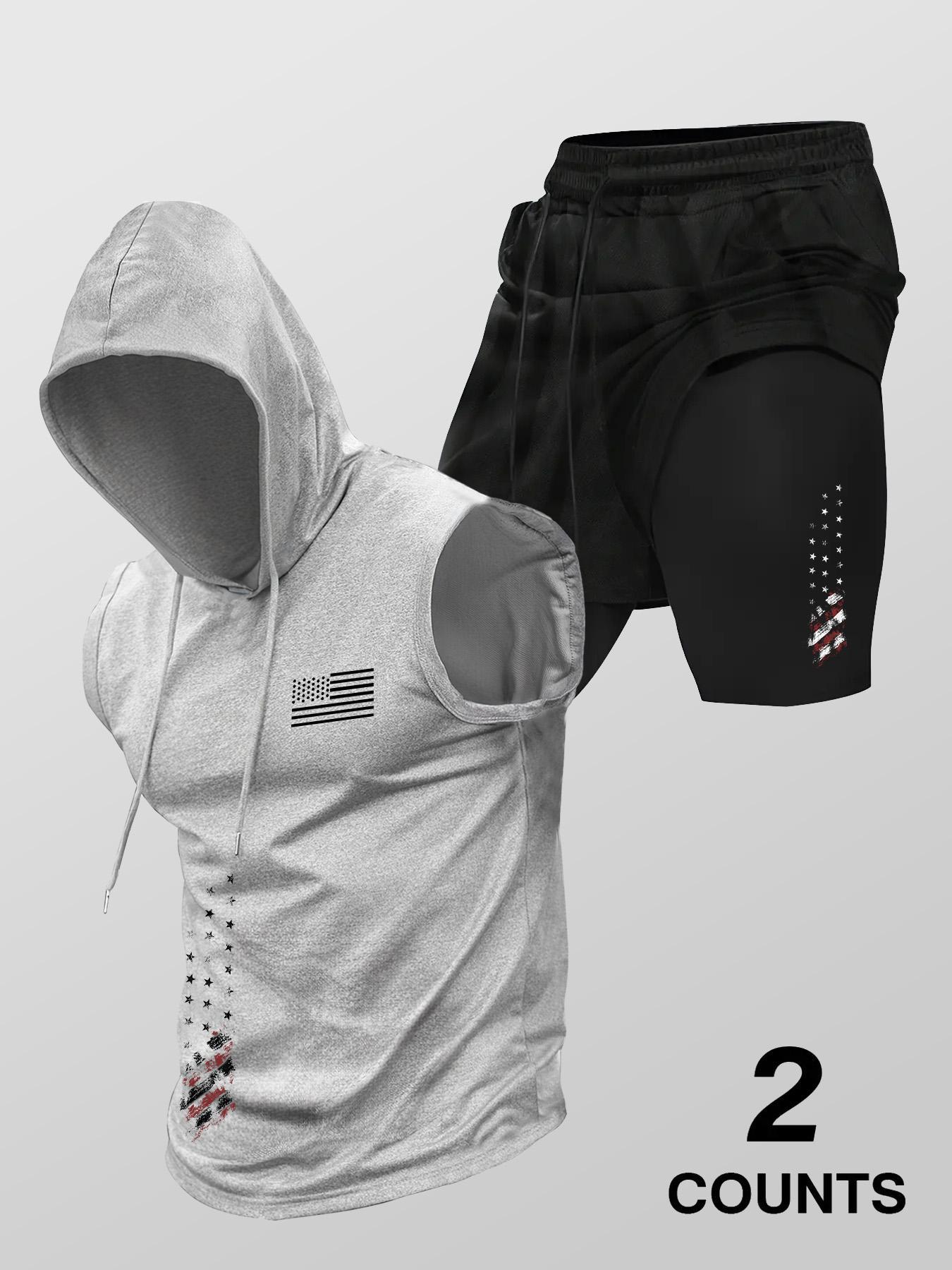 Men's Flag Print Hooded Tank Top & 2 in 1 Shorts Set, Regular Fit Two-piece Set, Casual Summer Clothes for Outdoor