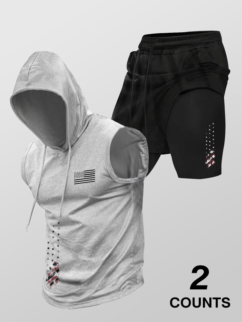 Men's Flag Print Hooded Tank Top & 2 in 1 Shorts Set, Regular Fit Two-piece Set, Casual Summer Clothes for Outdoor