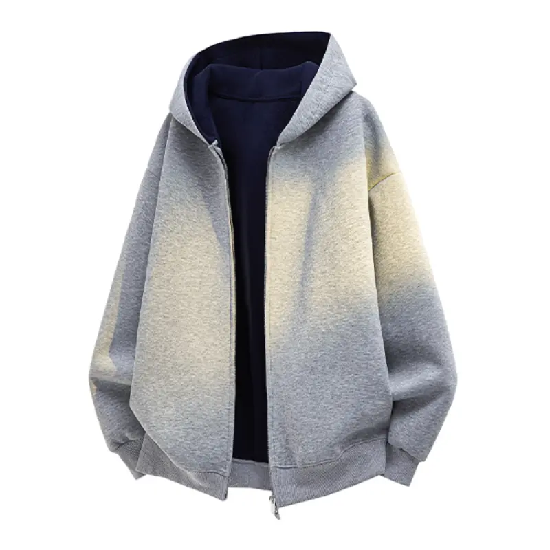 Men's Trendy Basic Long Sleeve Gradient Wash Full-Zip Hooded Jacket - Oversized Drop Shoulder, Soft Lined Knit Fabric, Ribbed Cuffs & Hem, Comfortable Vintage Casual Tops Outerwear For Daily Outfits, Trend, Style, Sweatshirts, Drop Shoulders, Plain, Mensw