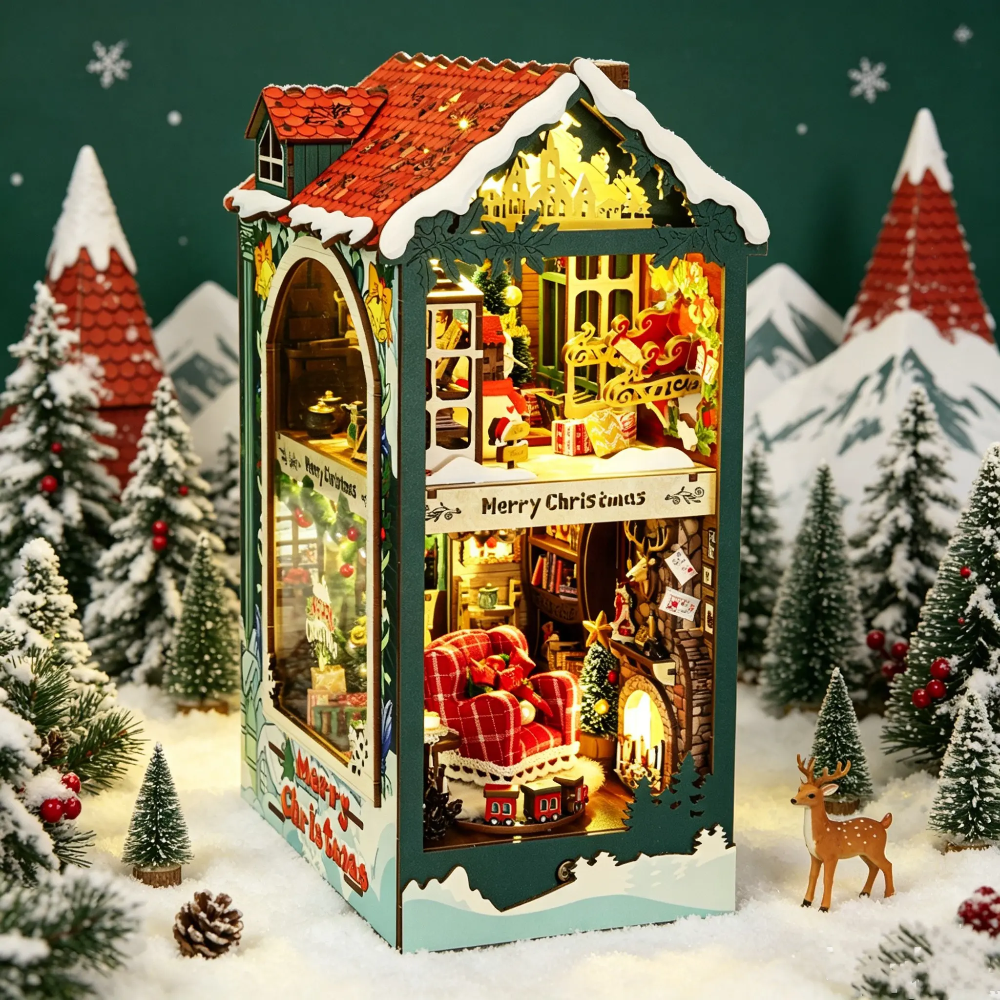 Mini Christmas Dollhouse Furniture Bookshelf Puzzle Model Kit, DIY Craft Gift for Kids Teens Adults, Creative Book Corner Decor Set, Miniature Set