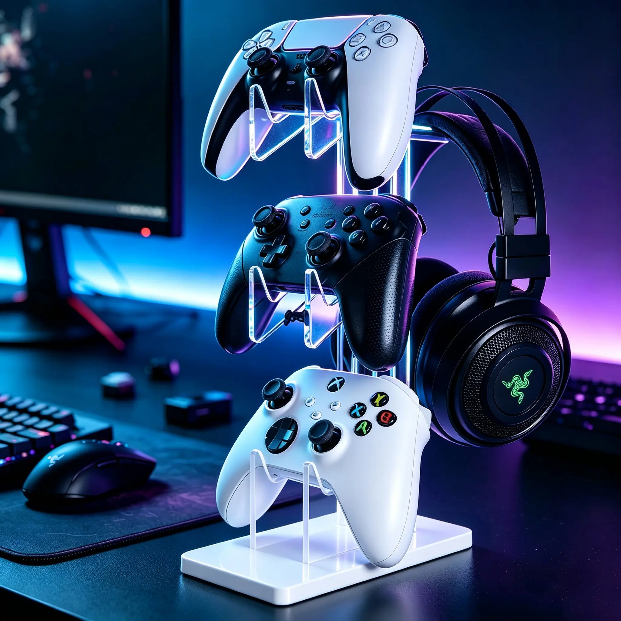 Acrylic Game Controller Display Stand, Wireless Desktop Headset Holder, Universal Three-Layer Storage Rack for Ps5 Ps4, Clear Transparent