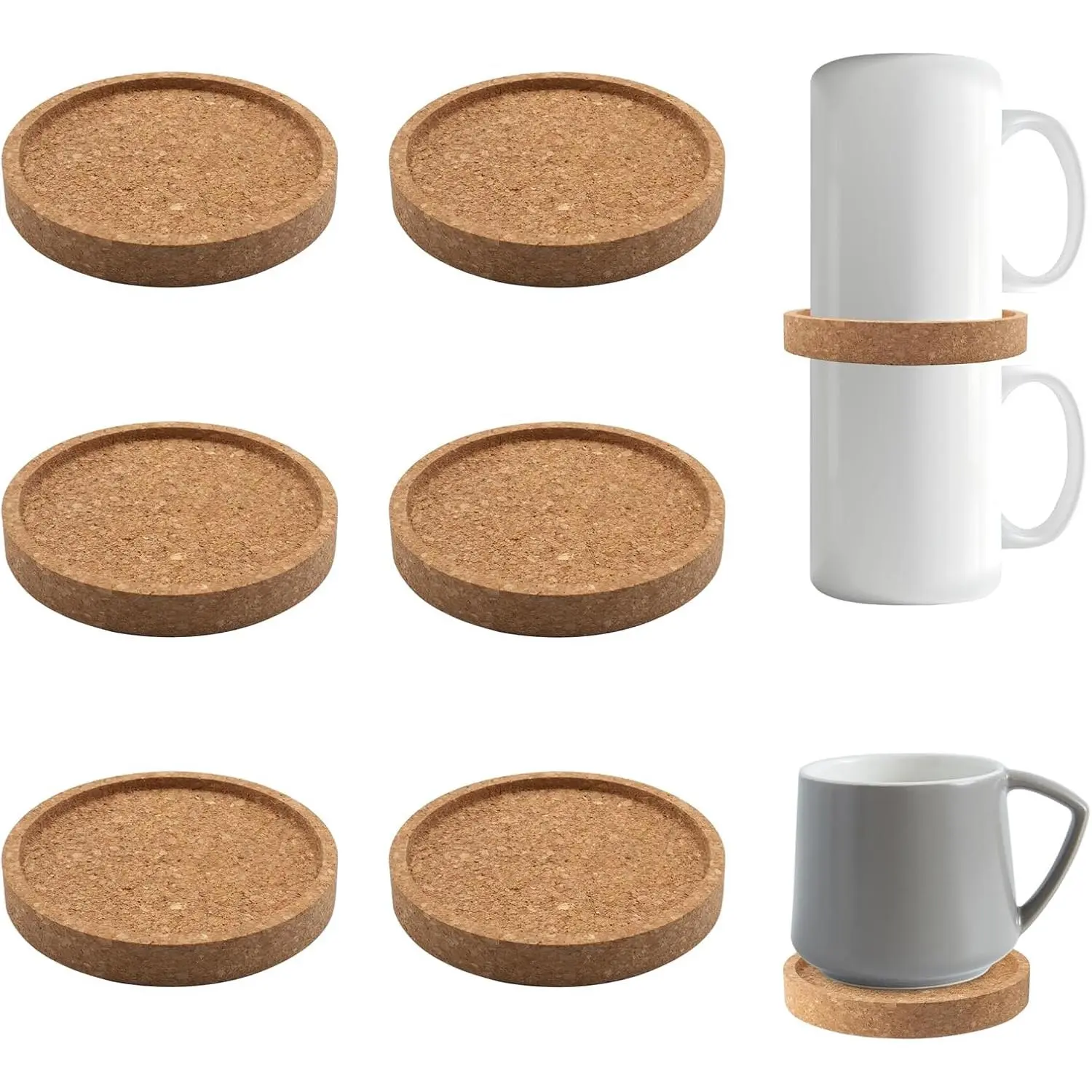 Solid Cork Coffee Mug Organizer Stacker Set (8-Pack) - Tableware Mat, Cabinet Organization Accessory for Kitchen Pantry, Safely Stacks 3.9" Glassware/Drinkware for Home