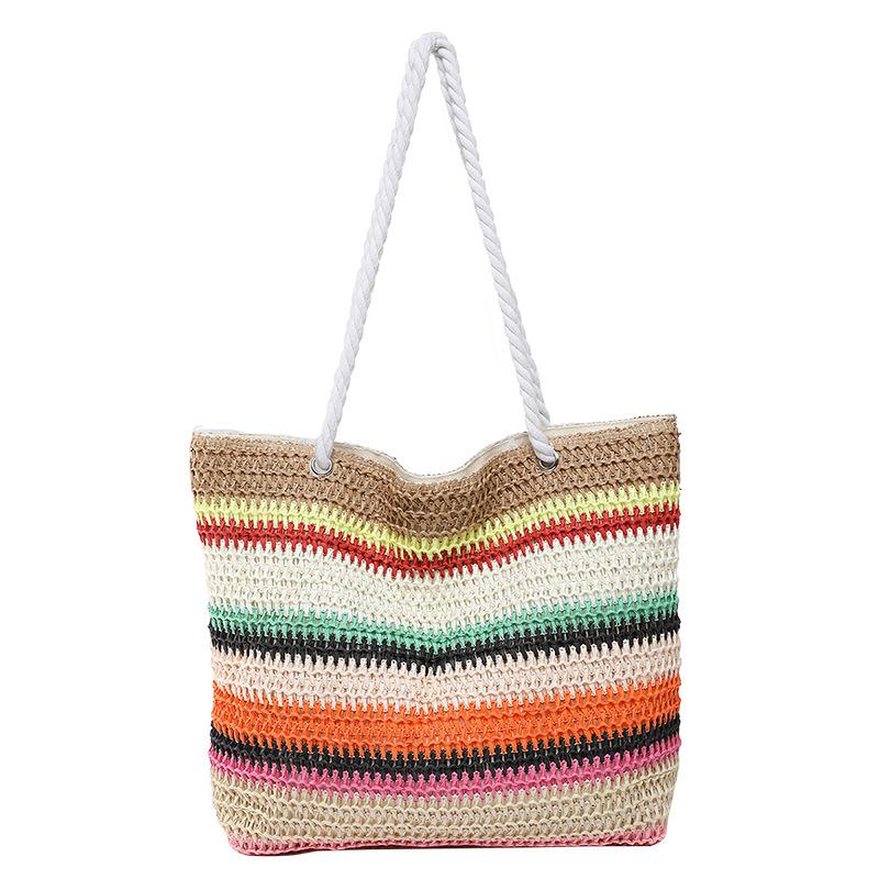 2026 New Women Fashion Shoulder Bag Rainbow Striped Color Block Straw Bag Large Capacity Beach Bag for Vacation