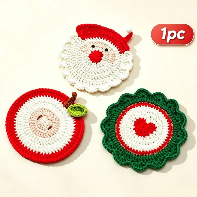 1Pc Crochet Cup Coaster Hand Woven Coffee Mug Mat Kawaii Cute Boho Aesthetic Handmade Knitted Santa Apple Heart Shaped Soft Thick Heat Resistant Home Kitchen Table Decor Christmas  Gift