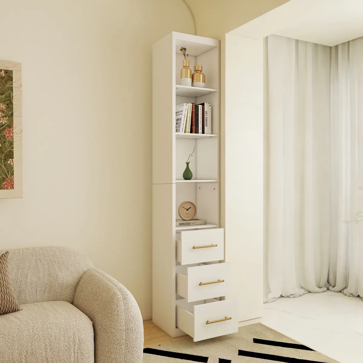 3-Drawer Side Storage Cabinet White 15.75" x 85.04", Tall Narrow Freestanding Space Saving Utility Storage Organizer Display Cabinet, Multi-Purpose Floor Unit for Bedroom Living Room Bathroom Home Office