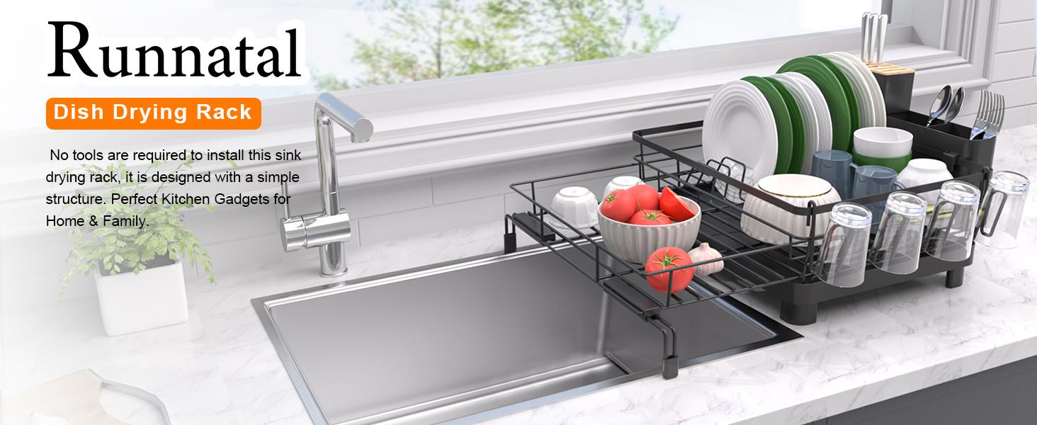 Dish Drying Rack - Expandable Dish Rack, Large Drying Dish Drainer Over Sink with Drainboard, Utensil Holder & Cup Holder, Stainless Dish Strainer for Counter, Black