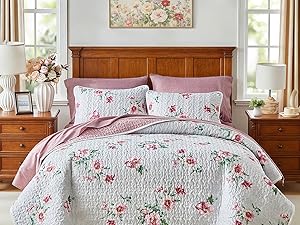 Floral Set 3 Piece Flower Sets Queen Size - Reversible Microfiber with 2 Shams Soft Breathable Botanical Bedding Bedspread Coverlet Summer Comforter All Season Purple Leaves