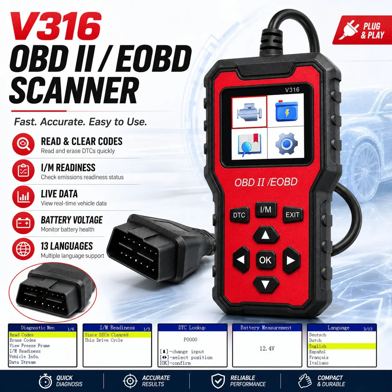 V316 OBD2 Diagnostic Scanner, Handheld Engine Code Reader with Plug & Play Connection, Read/Erase Codes, DTC Lookup, I/M Readiness, Battery Voltage Check