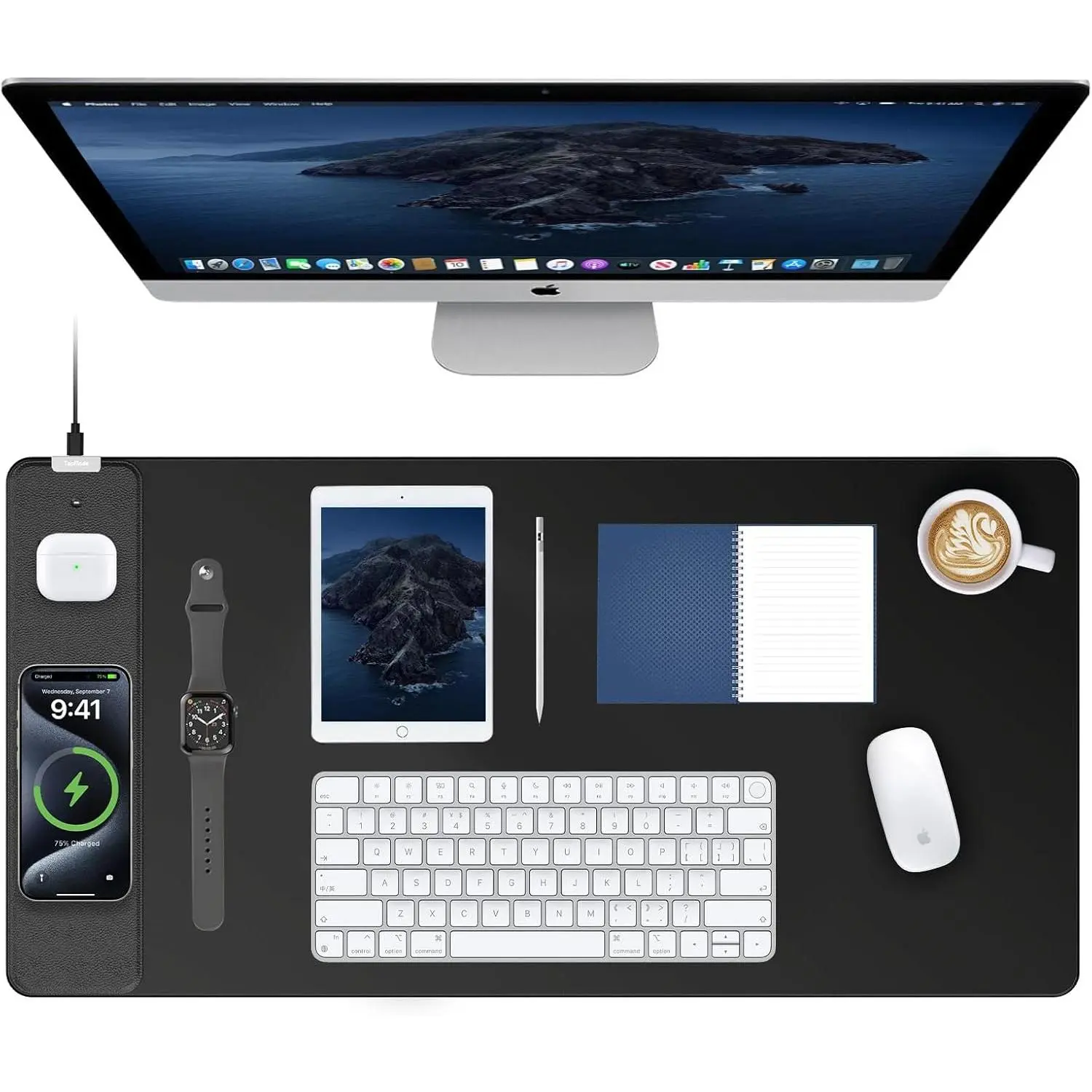 Pad with 15W   , 31.5"x15.75" XXL Large Gaming  Desk Pad with Ultra-Smooth Surface, Non-Slip Base,  Desk Mat for MacBook, PC, Laptop, Black