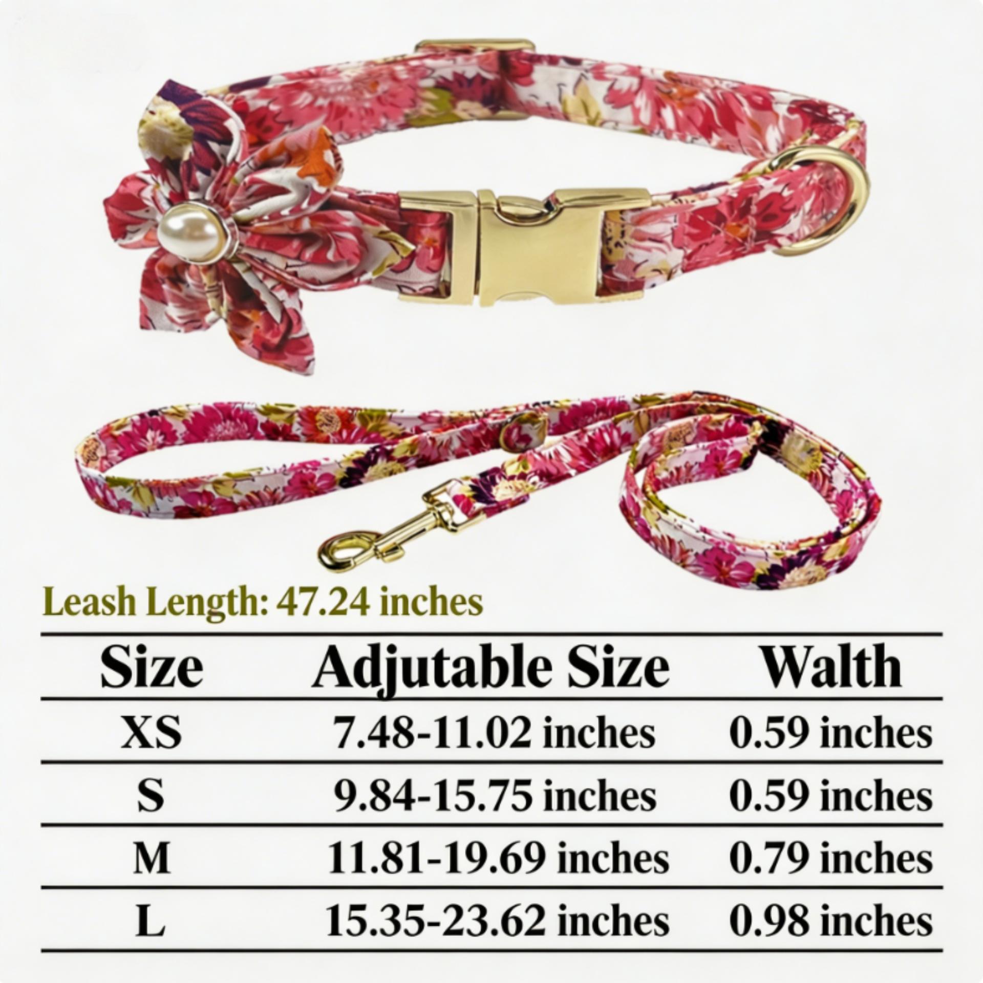 Floral Engraved Dog Collar with Leash, Personalized Metal Buckle for Medium Large Dogs