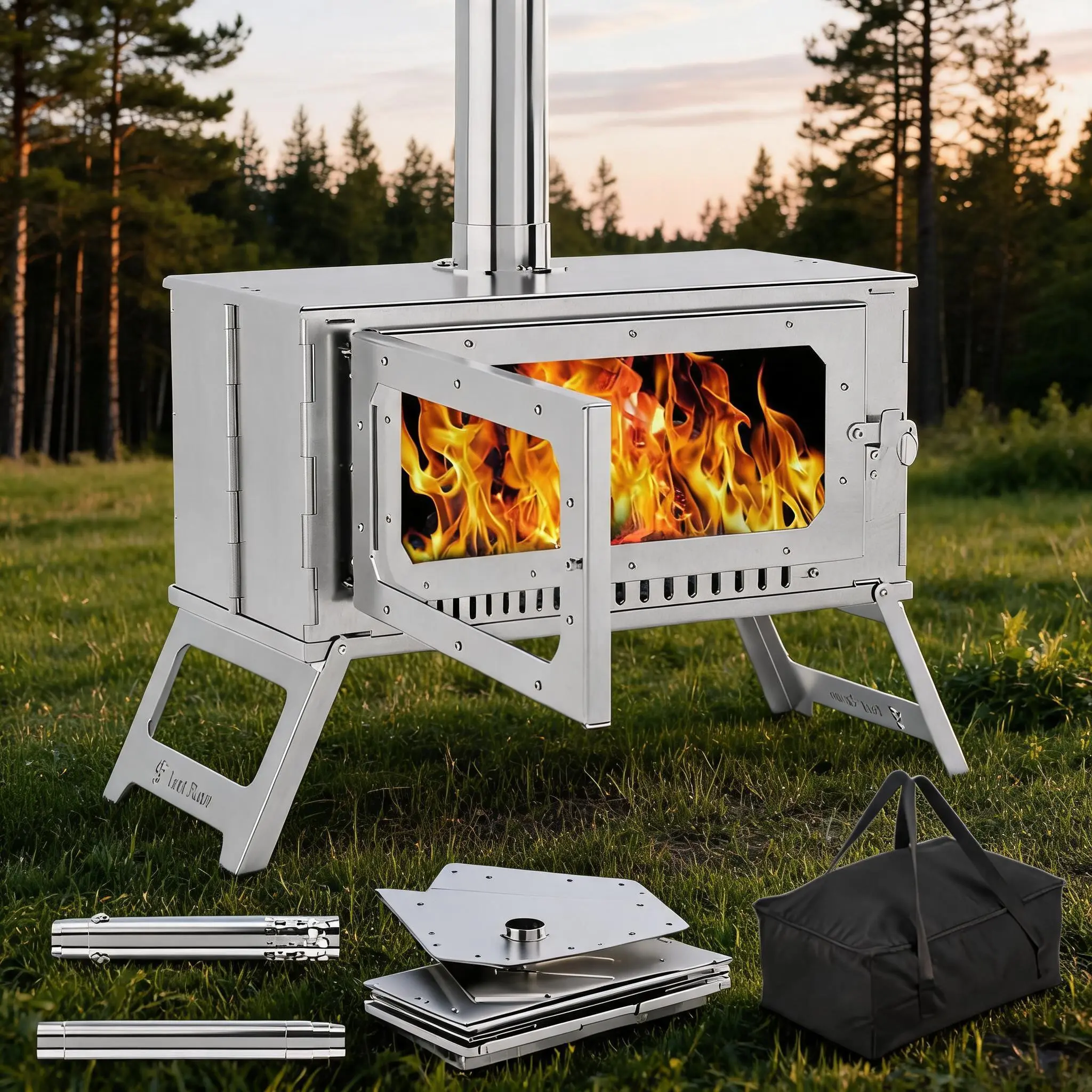 Large Collapsible Stainless Steel Tent Stove, 1900in³ Firebox Camping Charcoal Heater and Cooker with View Glass Window, 5 Chimney Pipes & Carry Bag for Outdoor Heating, Cooking and Emergency Survival