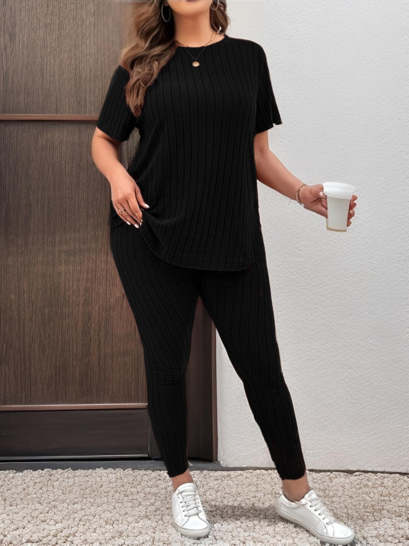 【Plus Size】 Two-Piece Set Solid Drop Shoulder Top & Skinny Pants Ribbed Pajama Set, Casual Comfy Round Neck Long Sleeve Top & Trousers Set, Women's Sleepwear for Fall & Winter