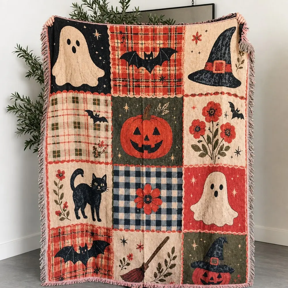 Multi-Function Tassel Woven Blanket Halloween Grid Pattern Bed Blanket, Cozy Throw Blankets, Also for Sofa Cover Couch Throw Armchair Home Decor Tablecloth Outdoor Picnic Camping Beach Towel