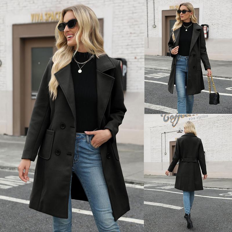 Molitree Women's Winter Wool Blend Camel Mid-Long Coat Notch Double-Breasted Lapel Jacket Outwear Womenswear Tops Minimalist Collared Casual Button