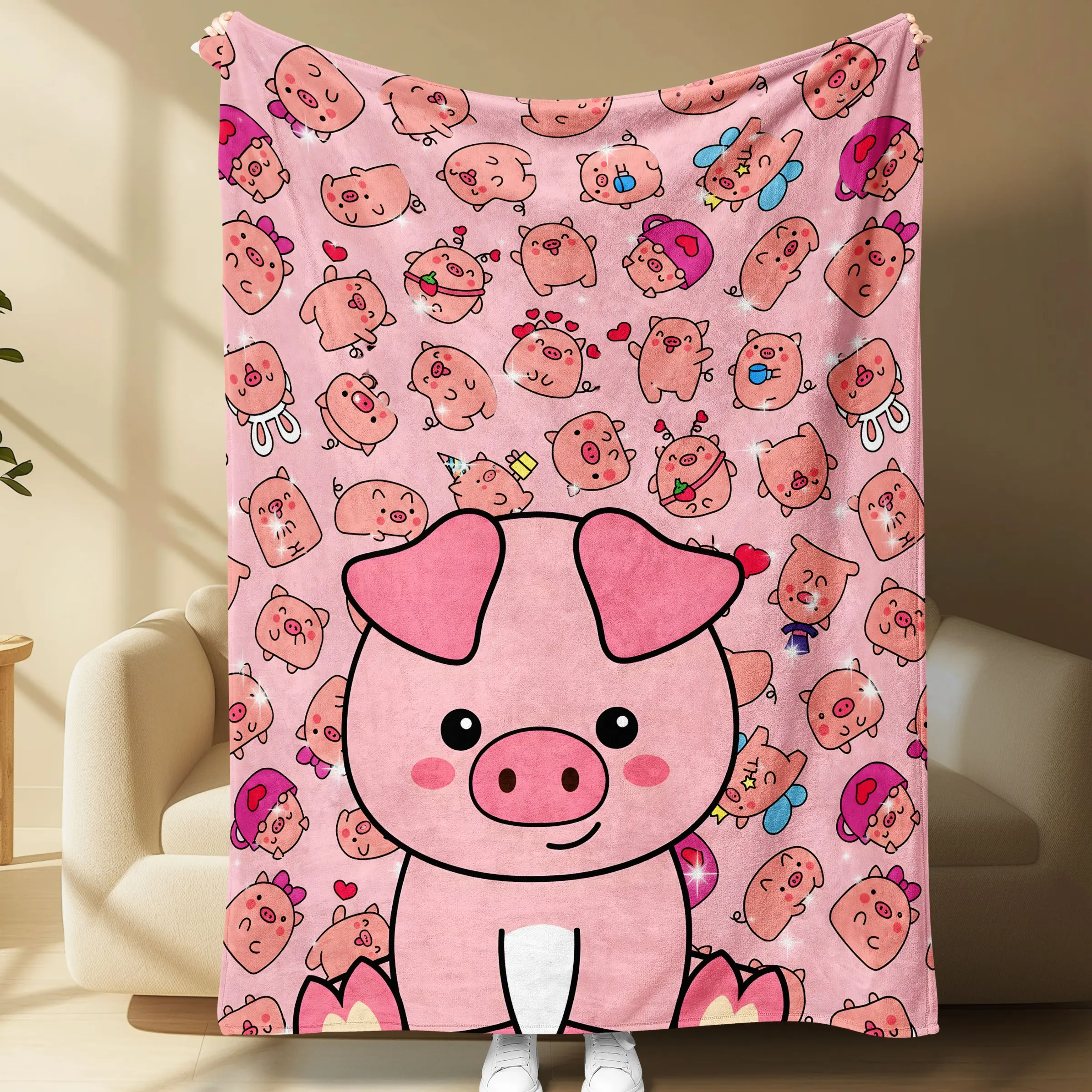 Cute Cartoon Pig Flannel Blanket, Soft Warm Lightweight, All-Season Sofa Bed Throw, Durable Easy Care, Kids Room Decor, Travel Camping Gift
