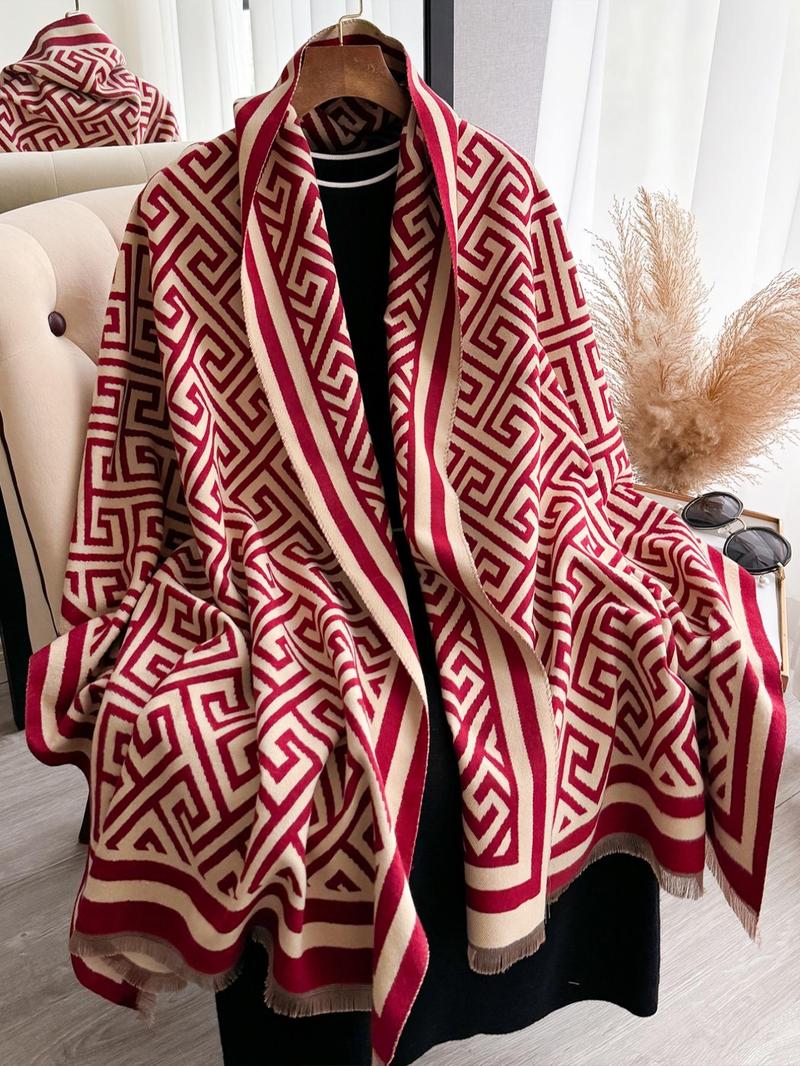 Boho Style Geometric Pattern Double Sided Thickened Shawl, Casual Soft Warm Long Scarf for Fall & Winter, Fashion Accessories for Women & Men