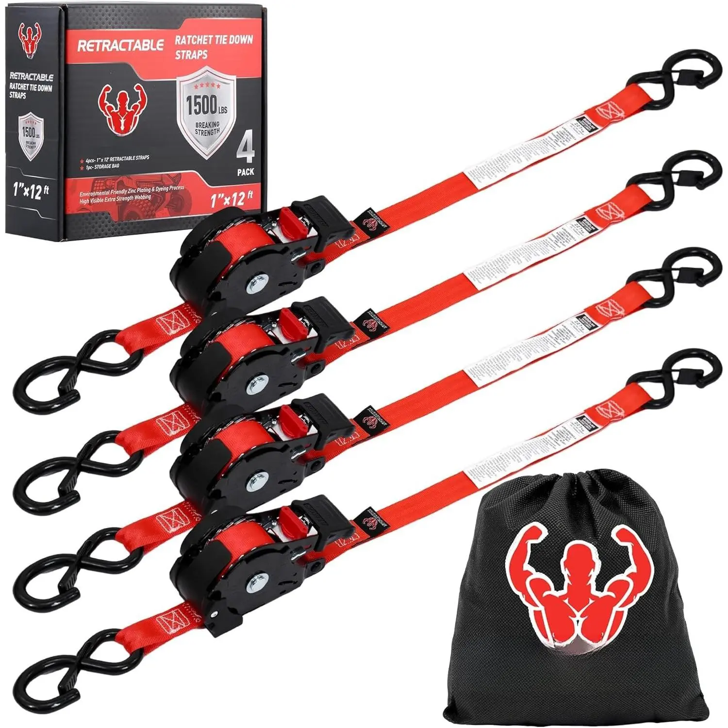 Retractable Ratchet Straps 4 Pack, 1 in x 12 FT Auto Ratchet Straps for , Kayak and , Breaking Strength 1,500LBS/500LBS Working Load Limit Red