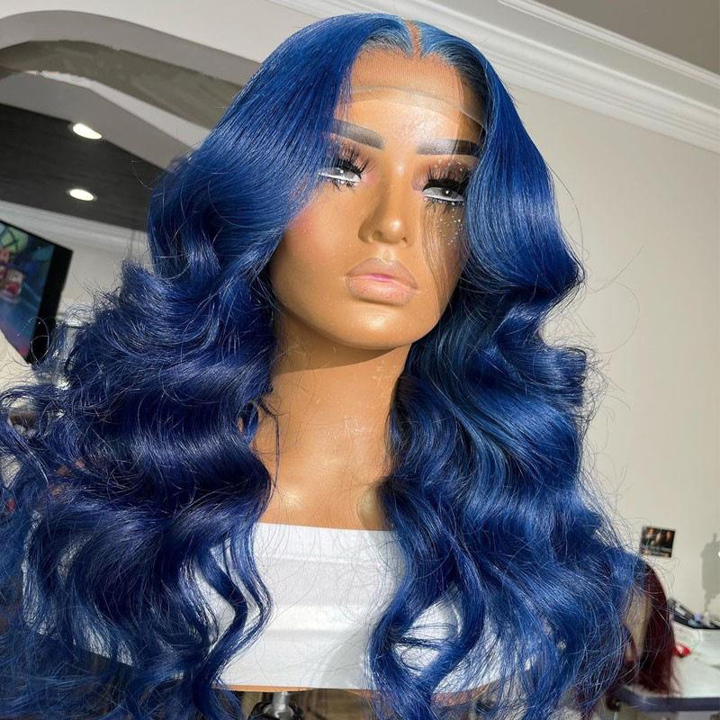 2026 Wig with middle parting, blue large wavy long curly hair, rose net cap