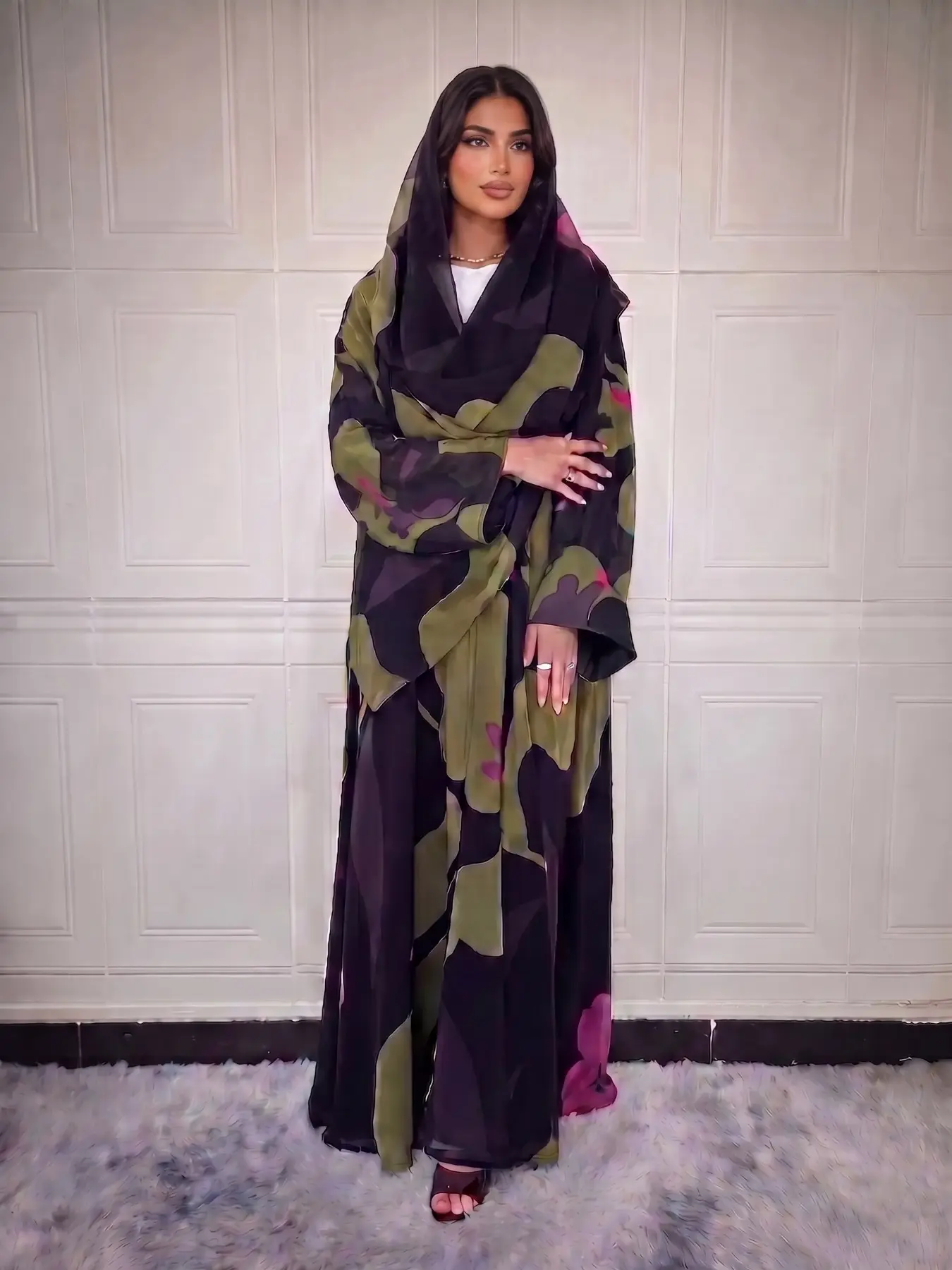 New Muslim Women's High-End Floral Print Chiffon Outerwear Robe Headscarf TwoPiece Set, Loose Fit Abaya for Vacation Commute Prayer
