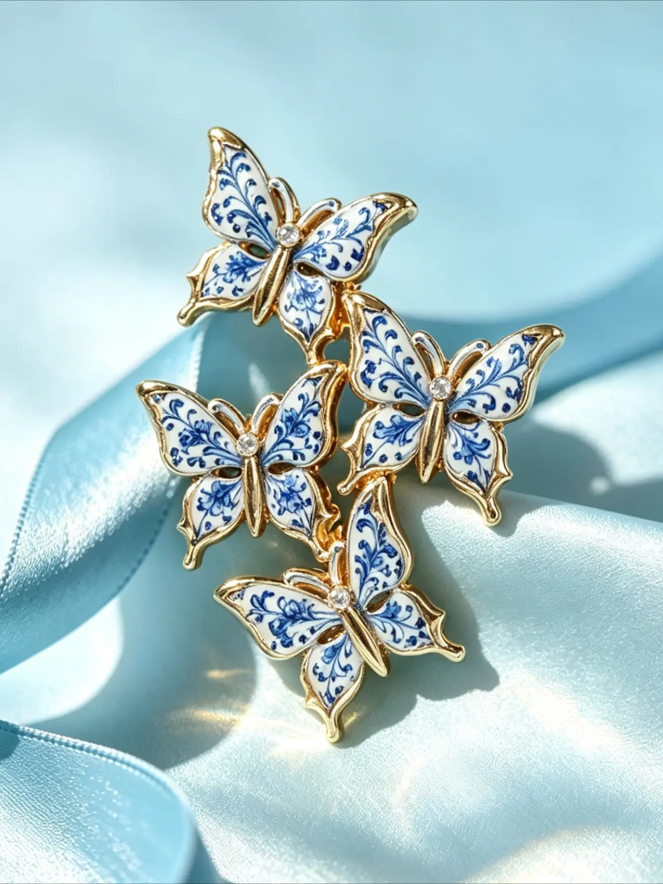 1PC Blue and White Porcelain Butterfly Brooch, 4-Stacked Vintage Enamel Butterfly Pin, Elegant Rhinestone Lapel Badge for Women Suit Scarf Coat, Fashion Jewelry Gift